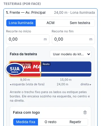 Editor da testeira com a faixa interativa, o logo e as medidas